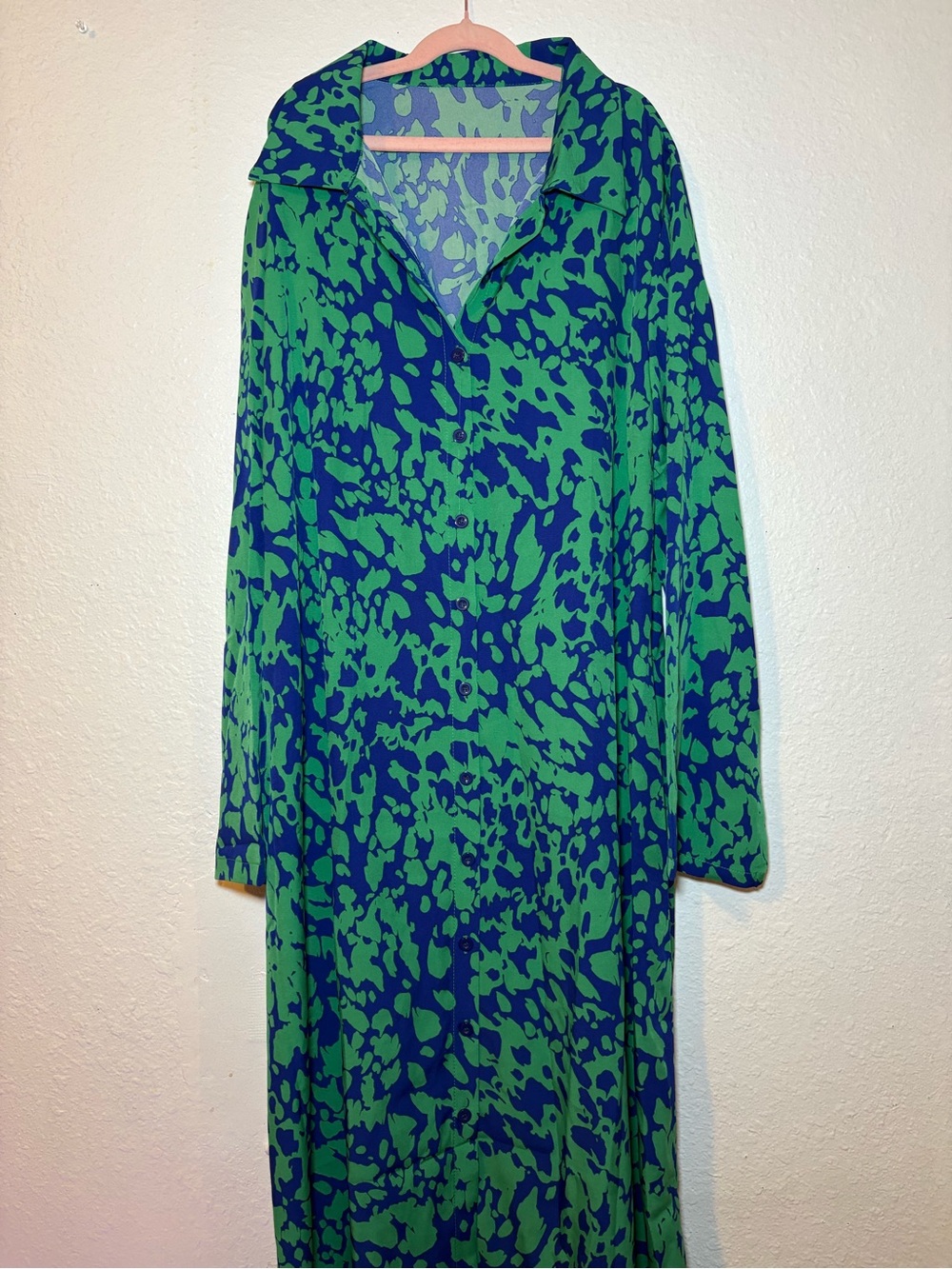 Vibrant Green & Blue Printed Maxi Dress with Collared V-Neck